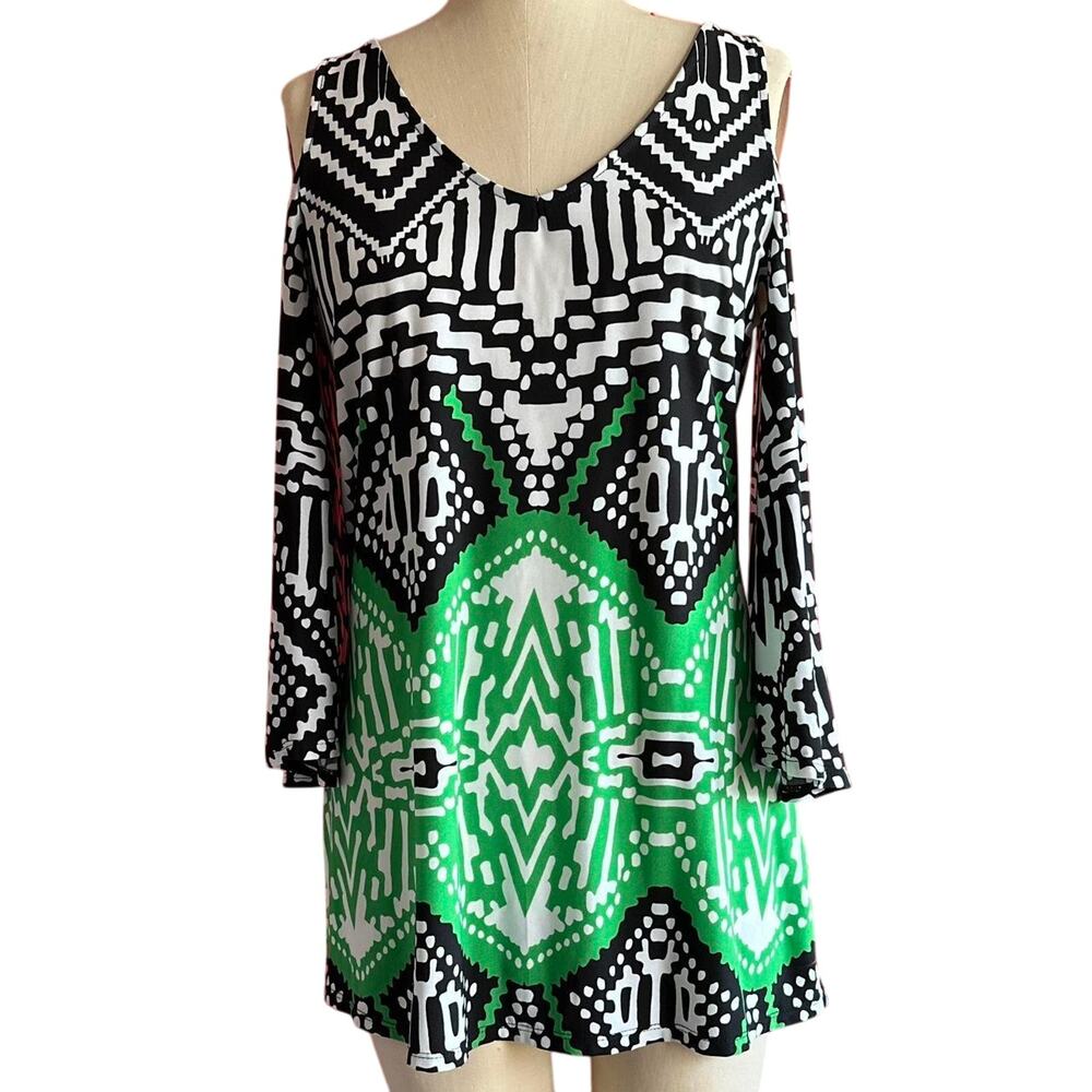 Womens Shirt Size Medium Black Green White Hippie Flare Sleeves Indie Bold